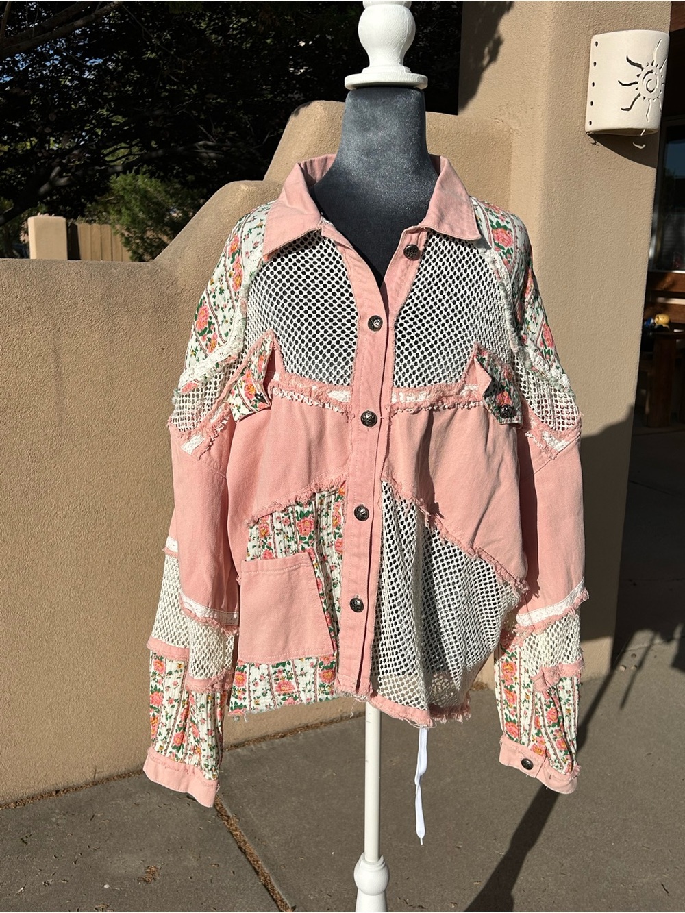 POL Pink Patchwork Mesh & Floral Utility Jacket